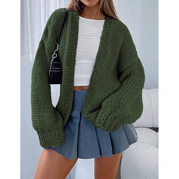Womens Trendy Cardigan Sweaters Fall Army Green Long Sleeve Chunky Knit Outfits - Picture 8 of 8